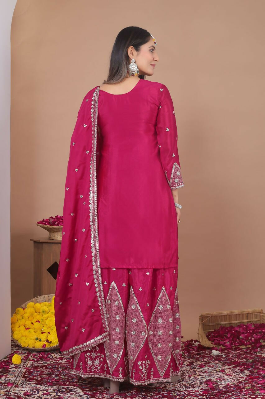 Teeya Creation New Womens Trendy Rani Pink Silk Blend Embroidered Sharara Suit Set With Dupatta