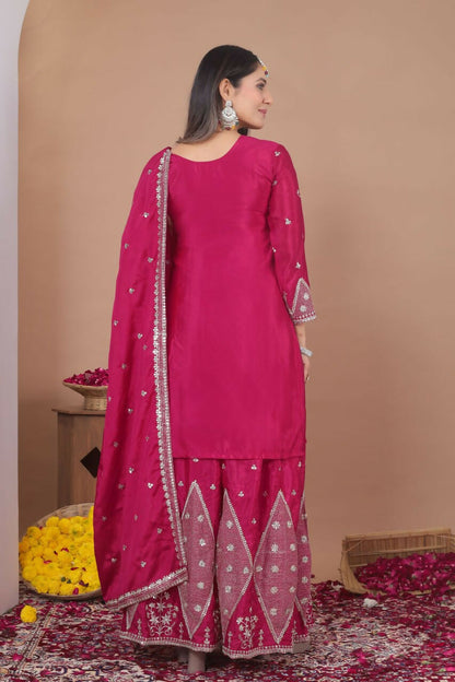 Teeya Creation New Womens Trendy Rani Pink Silk Blend Embroidered Sharara Suit Set With Dupatta