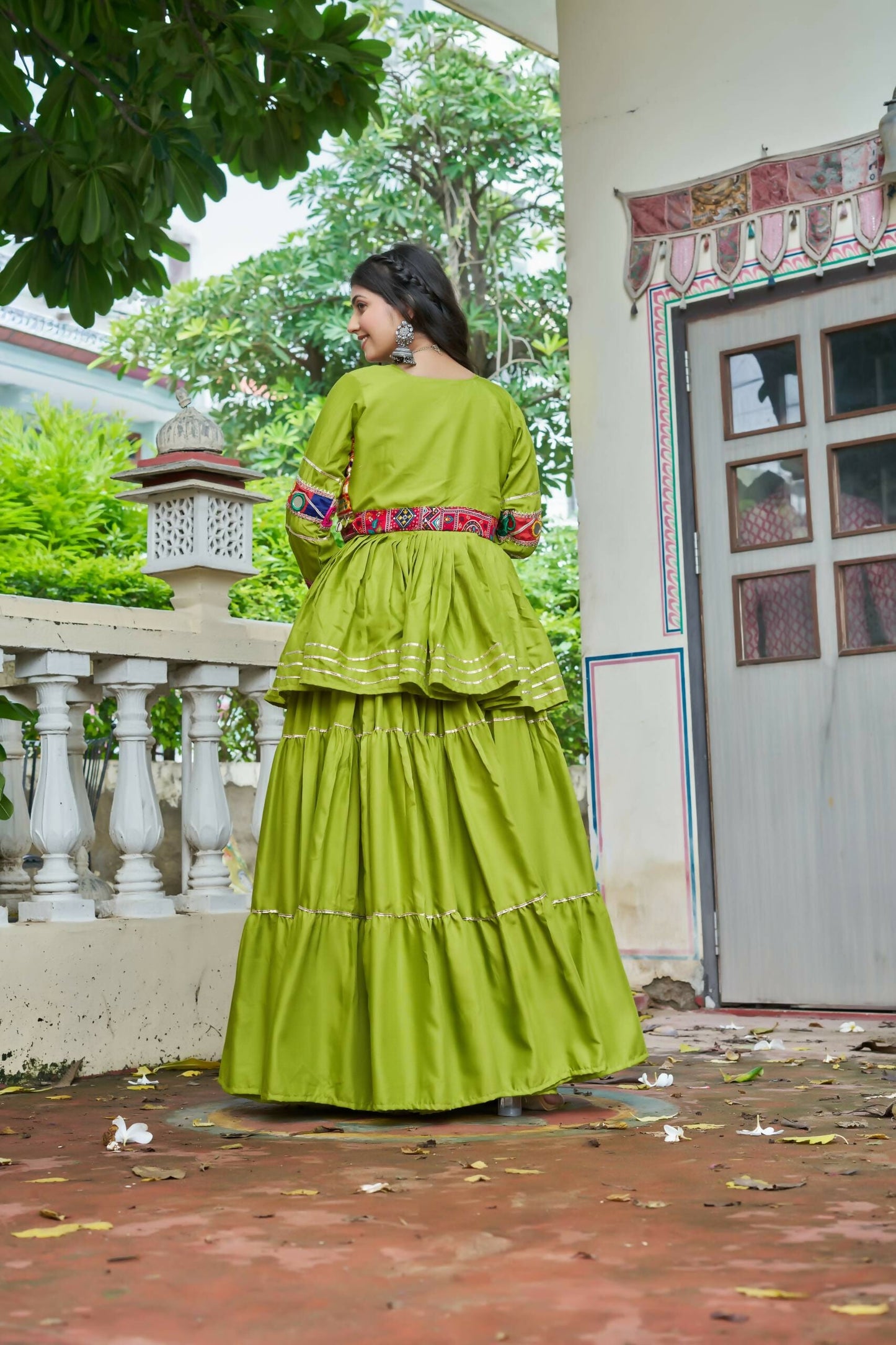 Teeya Creation Womens New Stylish Heavy Gamthi Work With Mirror Lace Work Green Gown Set