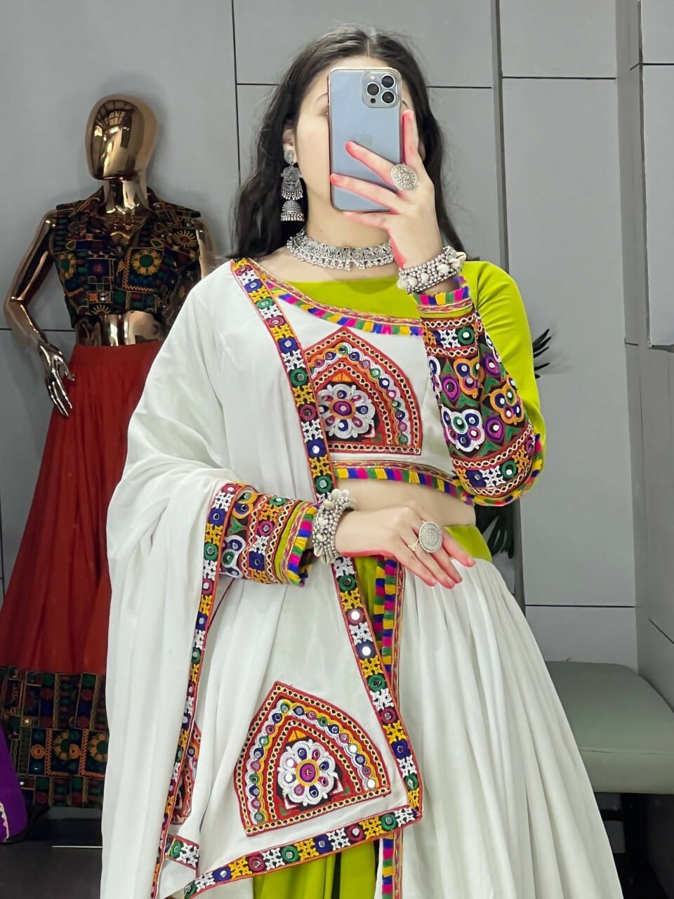 Yash Enterprise Green White Rayon Cotton Embroidery Semi Stitched Navratri Top Chaniya Choli