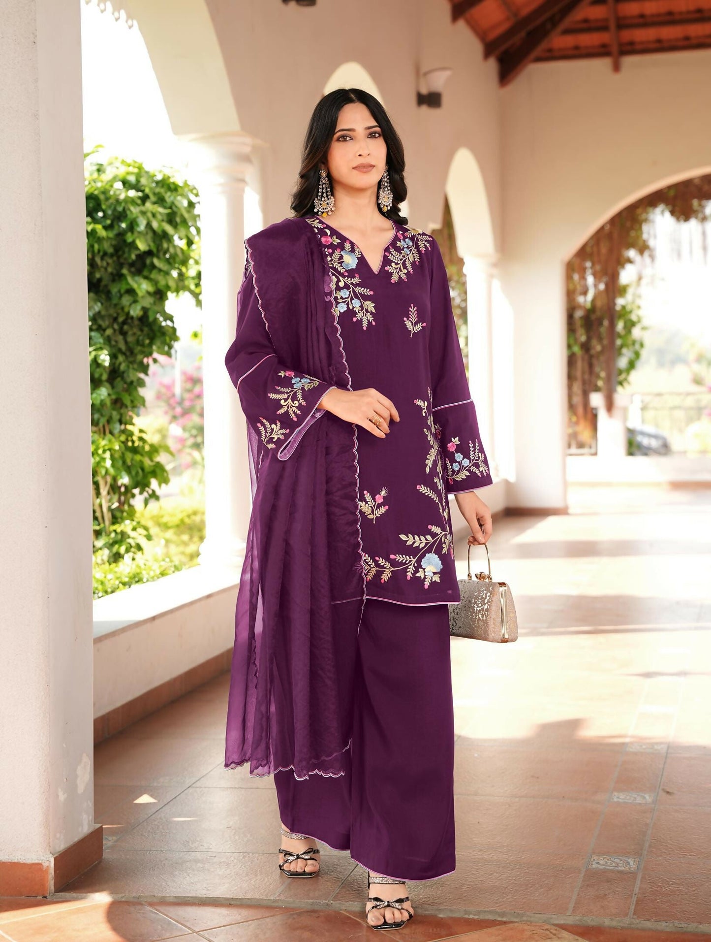 Nikhaar Magenta Embroidered Art Silk Stitched Straight Cut Kurta Culottes Dupatta Readymade Suit