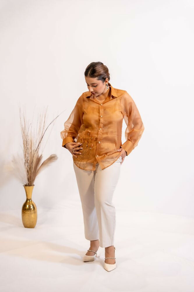 Timaraa Rust Brown Organza Shirt With Pearl & Katdana Embellishment