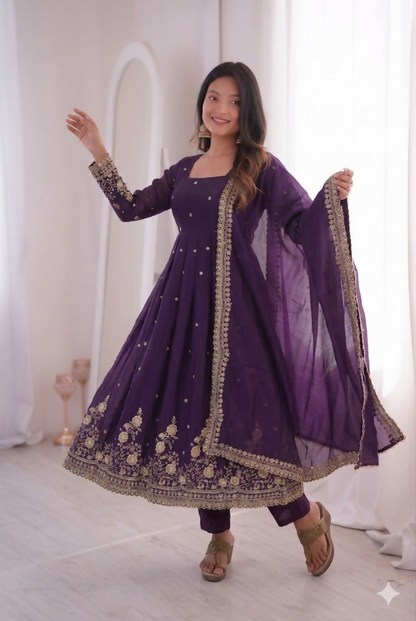 Teeya Creation Womens New Latest Trendy Elegant Dark Blue Embroidered Anarkali Suit Set with Scalloped Dupatta