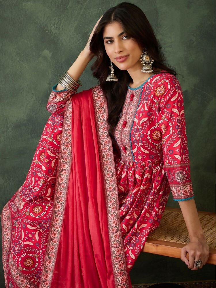 The52 Women's Beautiful Printed Work Rayon Fabric Flared Kurta Pant and Dupatta Set
