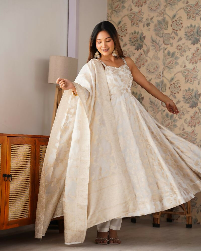The52 Women's Gorgeous Jacquard Work Jacquard Silk Fabric Flared Anarkali Pant and Dupatta Set