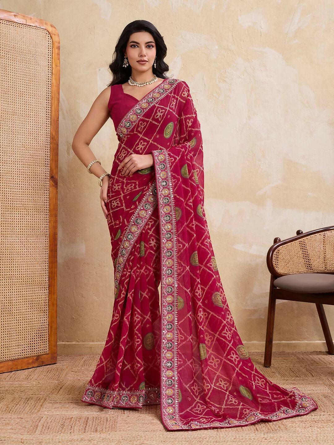 Teeya Creation Womens Stylish Simply Wedding Wear Georgette Saree-Red