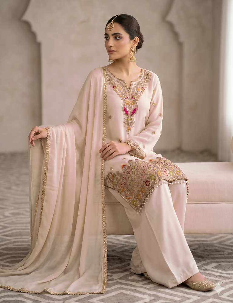Teeya Creation Designer Baby Pink Festive Palazzo Suit Set with Heavy Embroidery