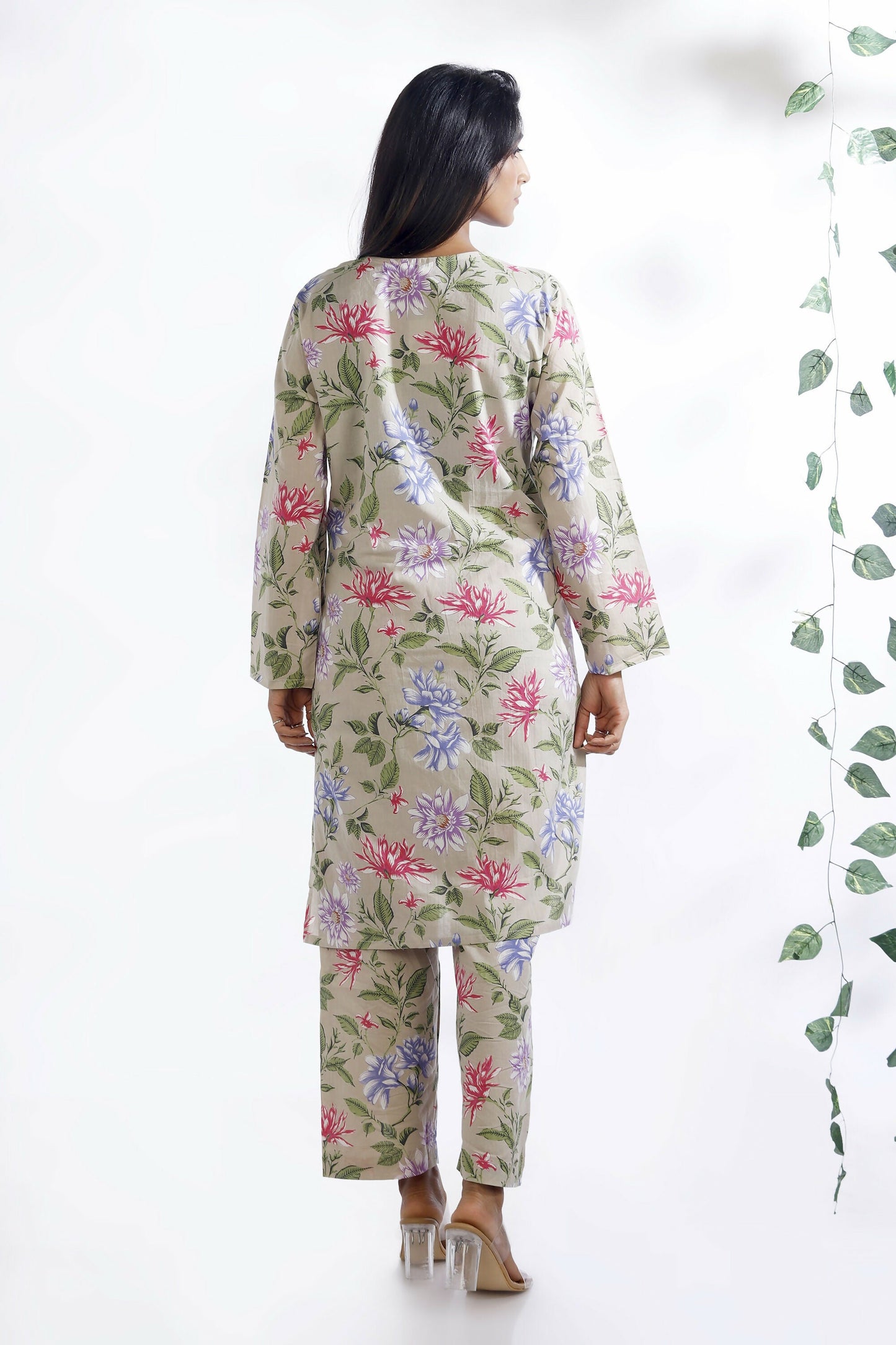 Breathables WomenS Loungewear Long Kurta Co-Ord Set Cotton Cream Floral Print