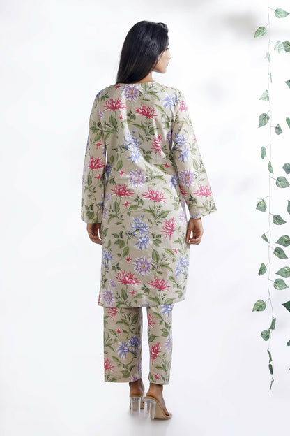 Breathables WomenS Loungewear Long Kurta Co-Ord Set Cotton Cream Floral Print