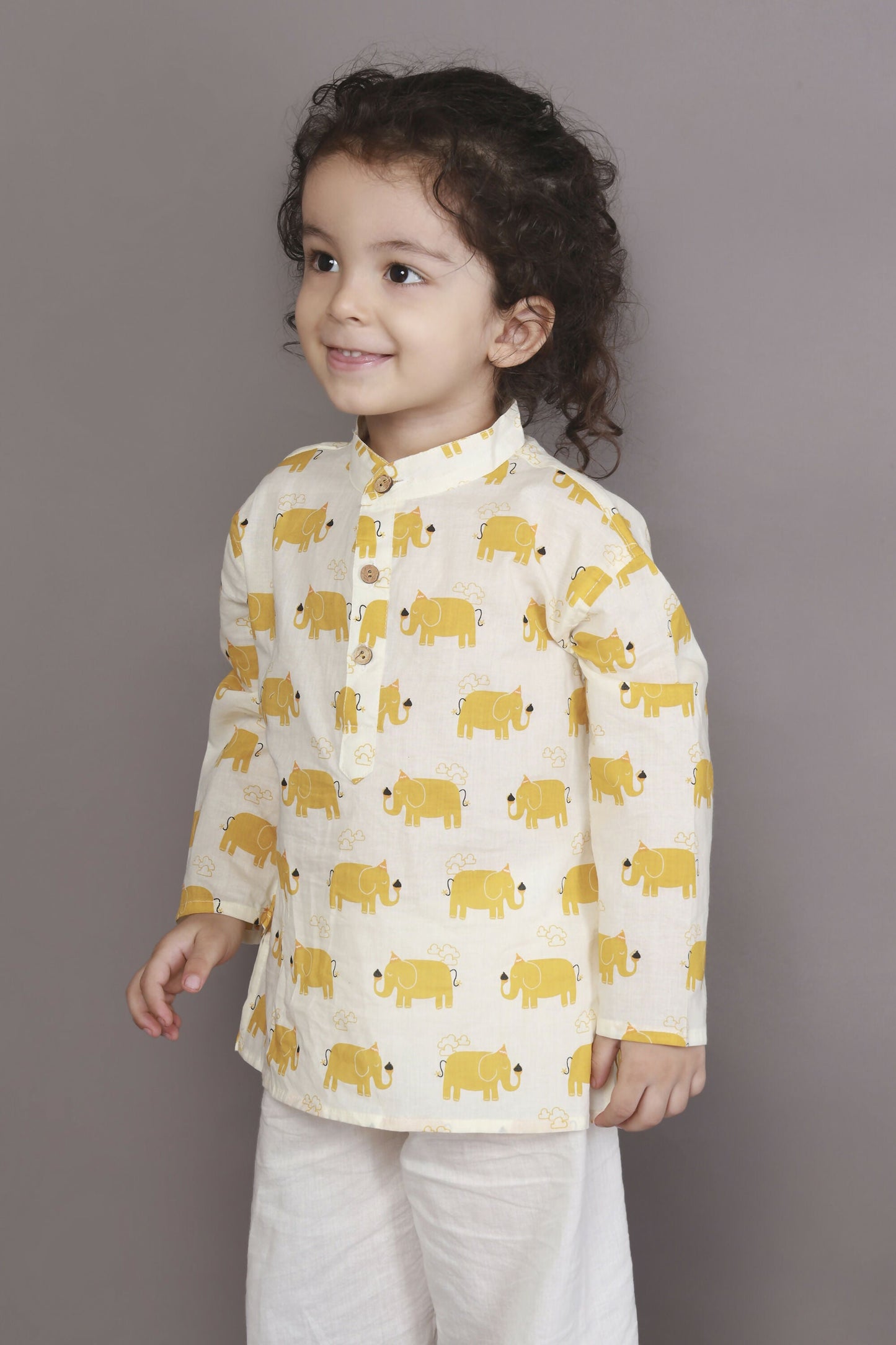 Breathables Kids Cotton Night Suit  Yellow Elephant Print Kurta & Pyjama Co-Ord Set For Boys & Girls