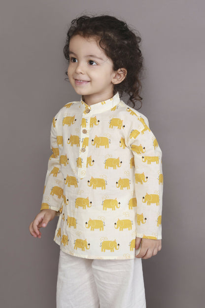 Breathables Kids Cotton Night Suit  Yellow Elephant Print Kurta & Pyjama Co-Ord Set For Boys & Girls