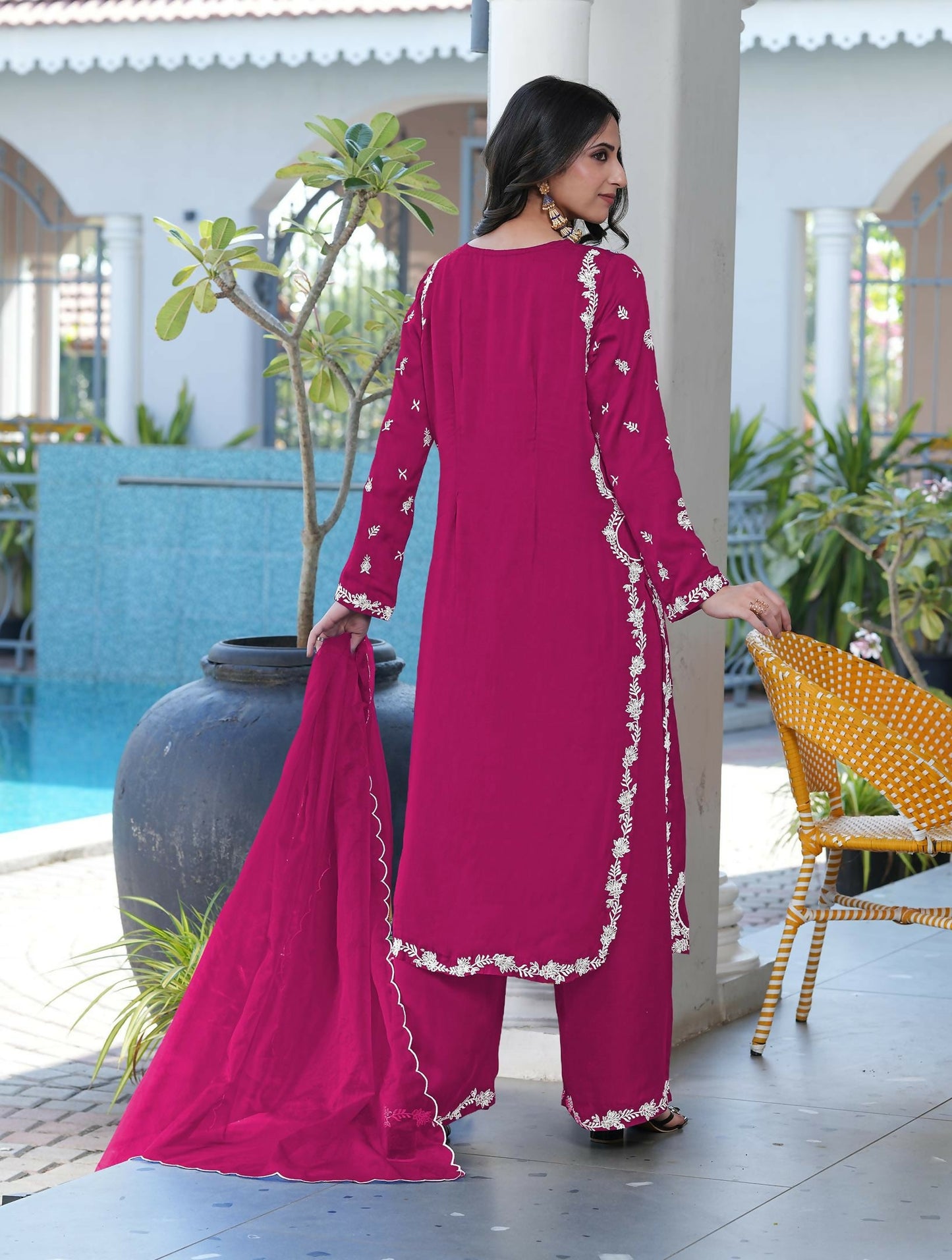Nikhaar Magenta Embroidered Modal Silk Stitched Straight Cut Kurta Culottes Dupatta Readymade Suit