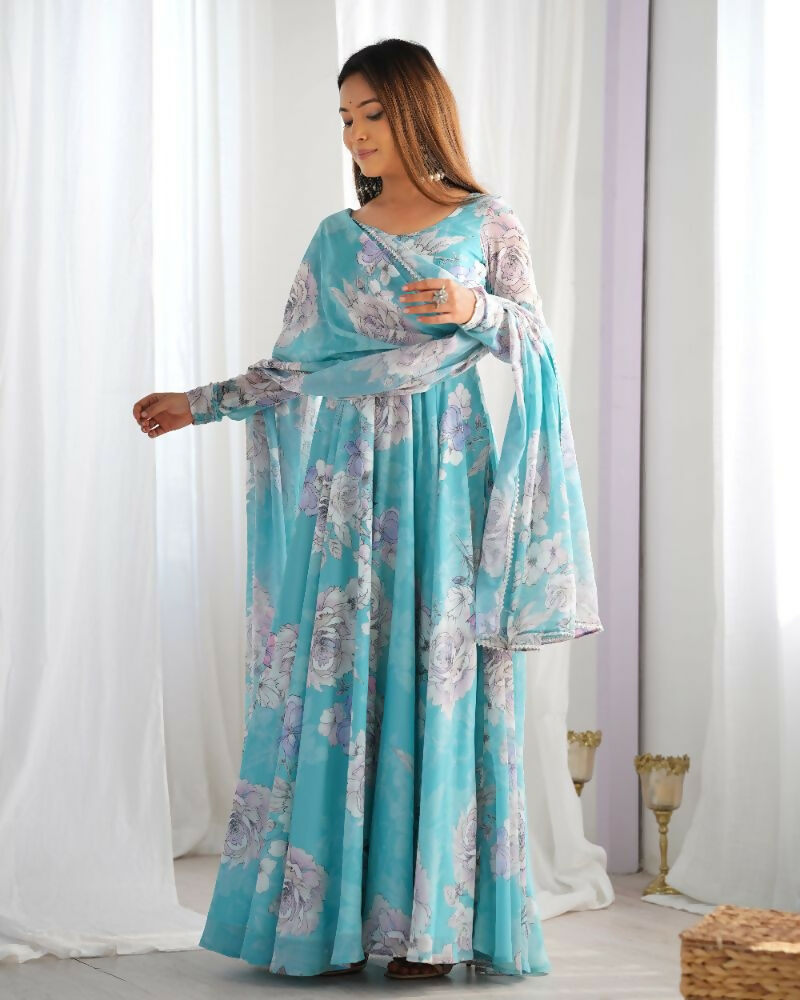The52 Women's Gorgeous Printed Fox Georgette Fabric Flared Anarkali and Dupatta Set