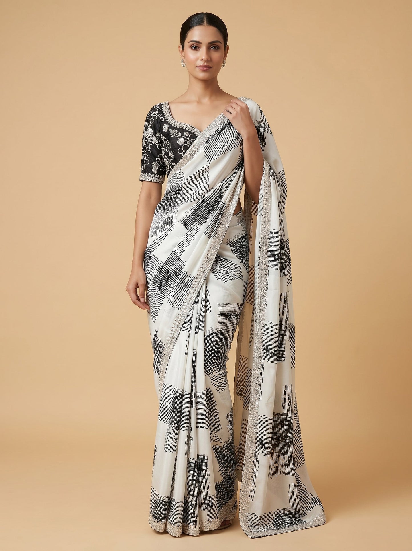 Off White Black Contrast Embroidered Saree