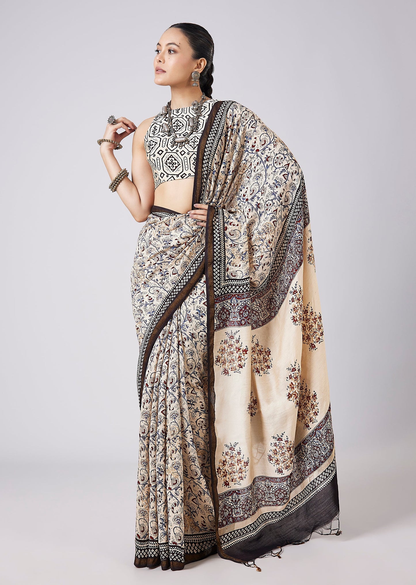 Off White Block Printed Tassel Saree with Unstitched Blouse