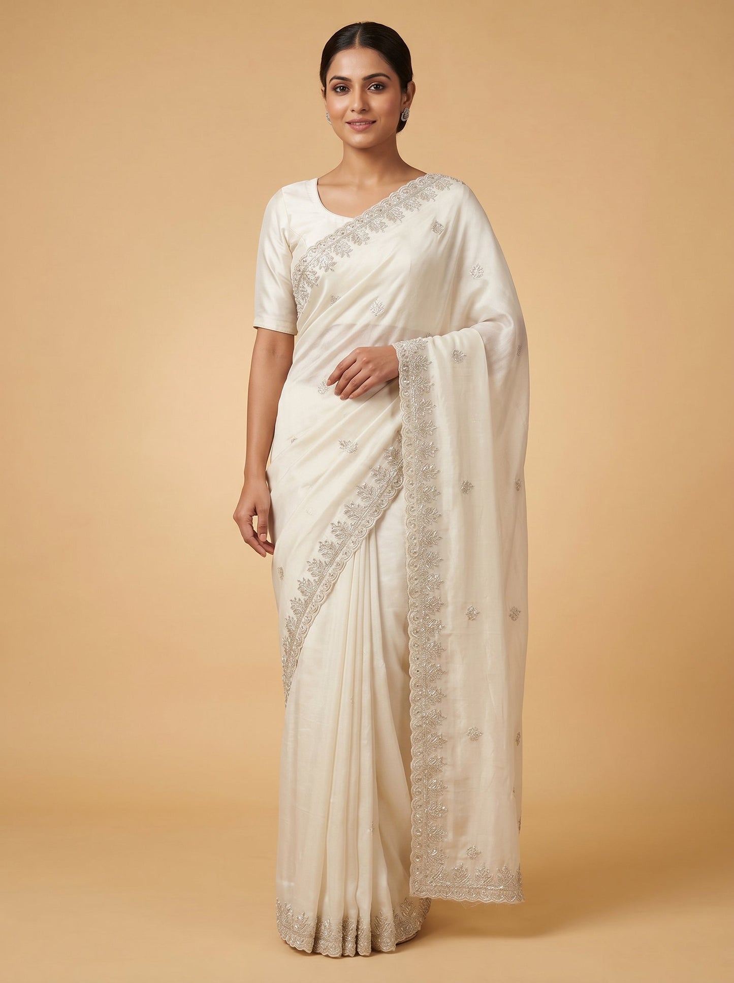 Off White Clean Finish Embroidered Saree