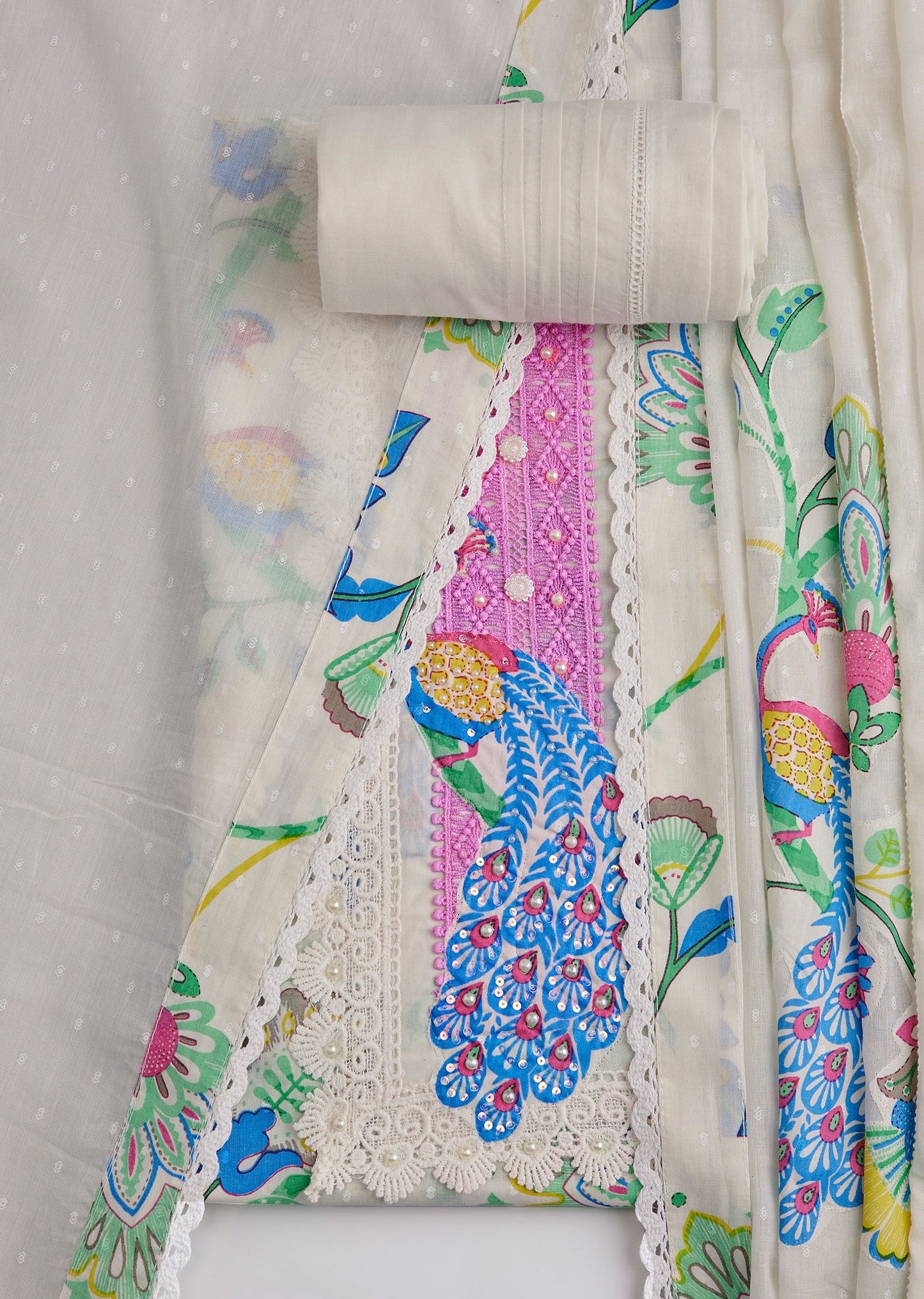 Off-White Cotton Lace Embroidered Unstitched Suit Set With Dupatta
