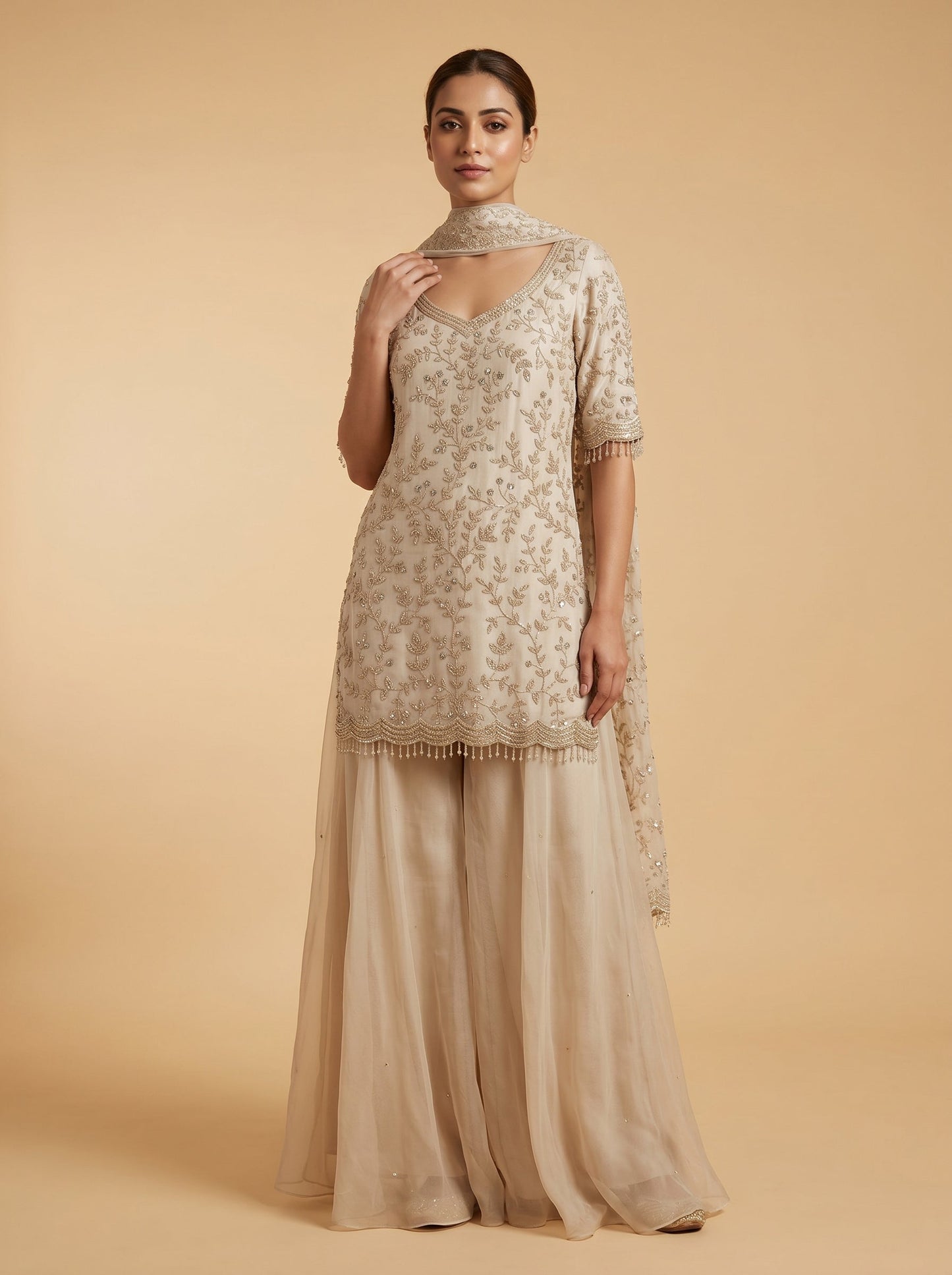 Off White Designer Palazzo Set Suit