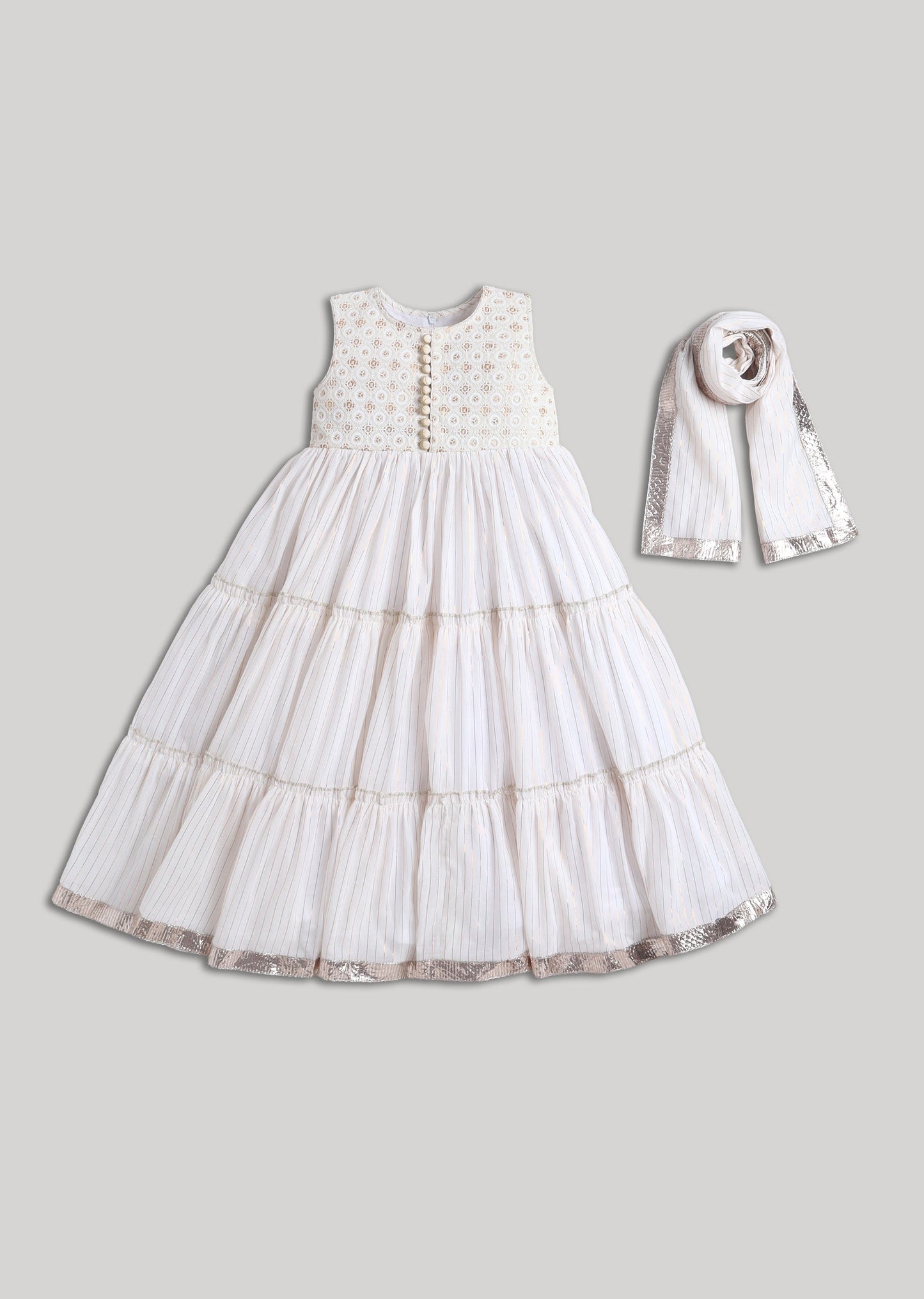 Off White Embroidered Cotton Anarkali Set With Dupatta