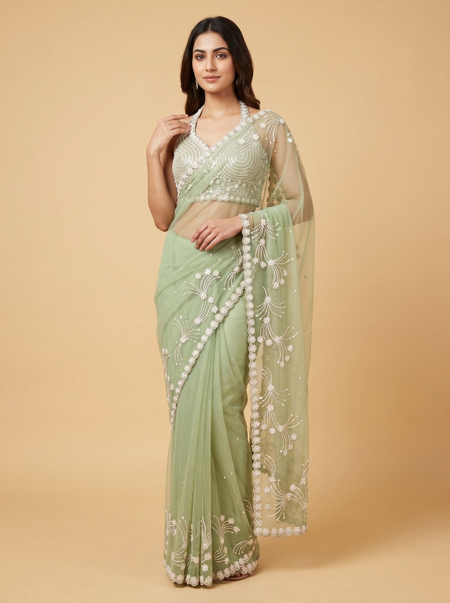 Off White Green Subtle Meadow Embroidered Saree