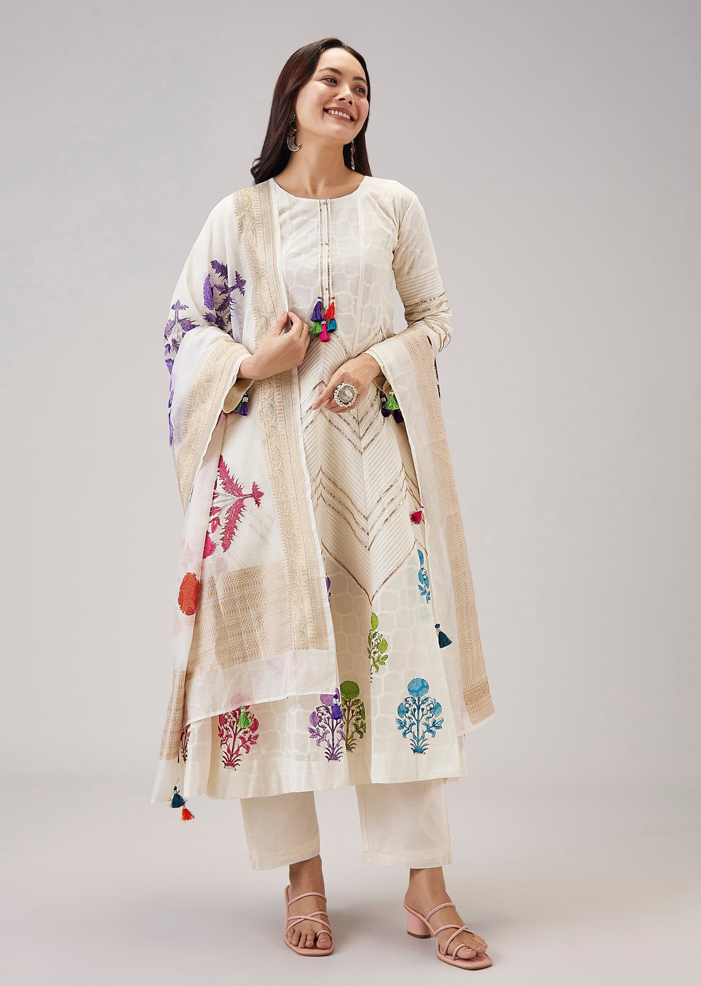 Off White Hand Block Print Anarkali With Gotta Lace Work