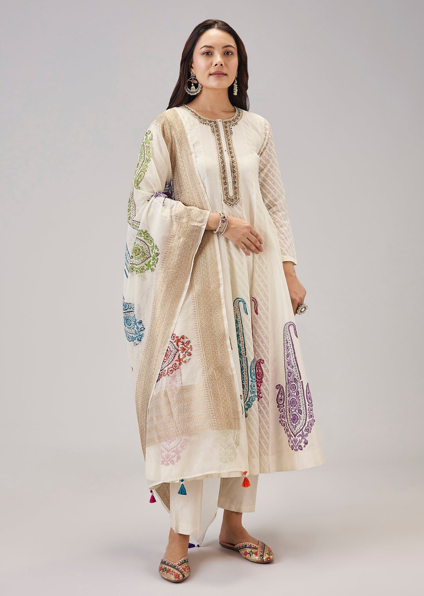 Off White Hand Block Print Anarkali With Zardosi And Moti Work