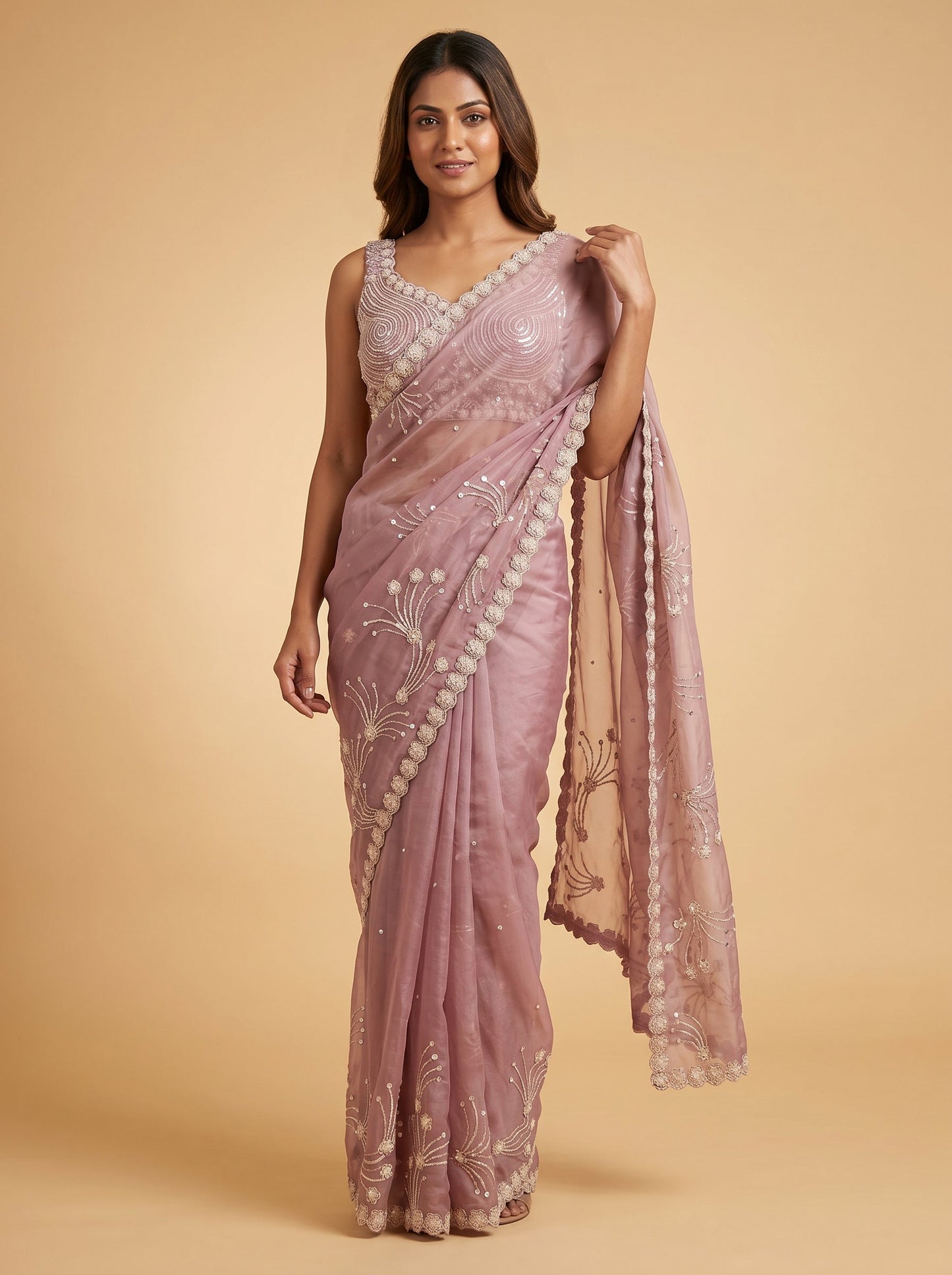 Off White Lavender Pastel Harmony Embroidered Saree