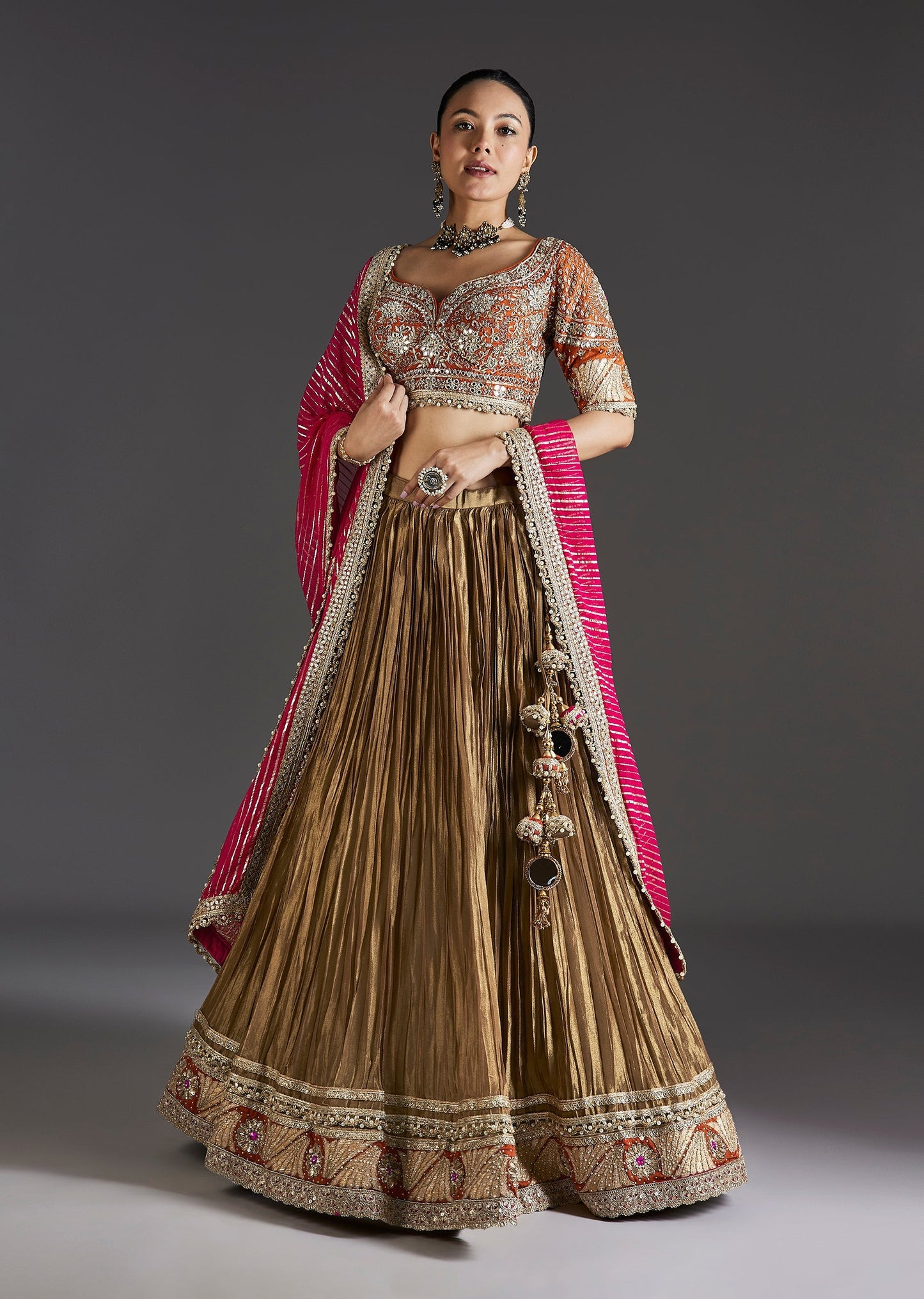 Gold Zardosi And Mirror Work Embroidered Lehenga