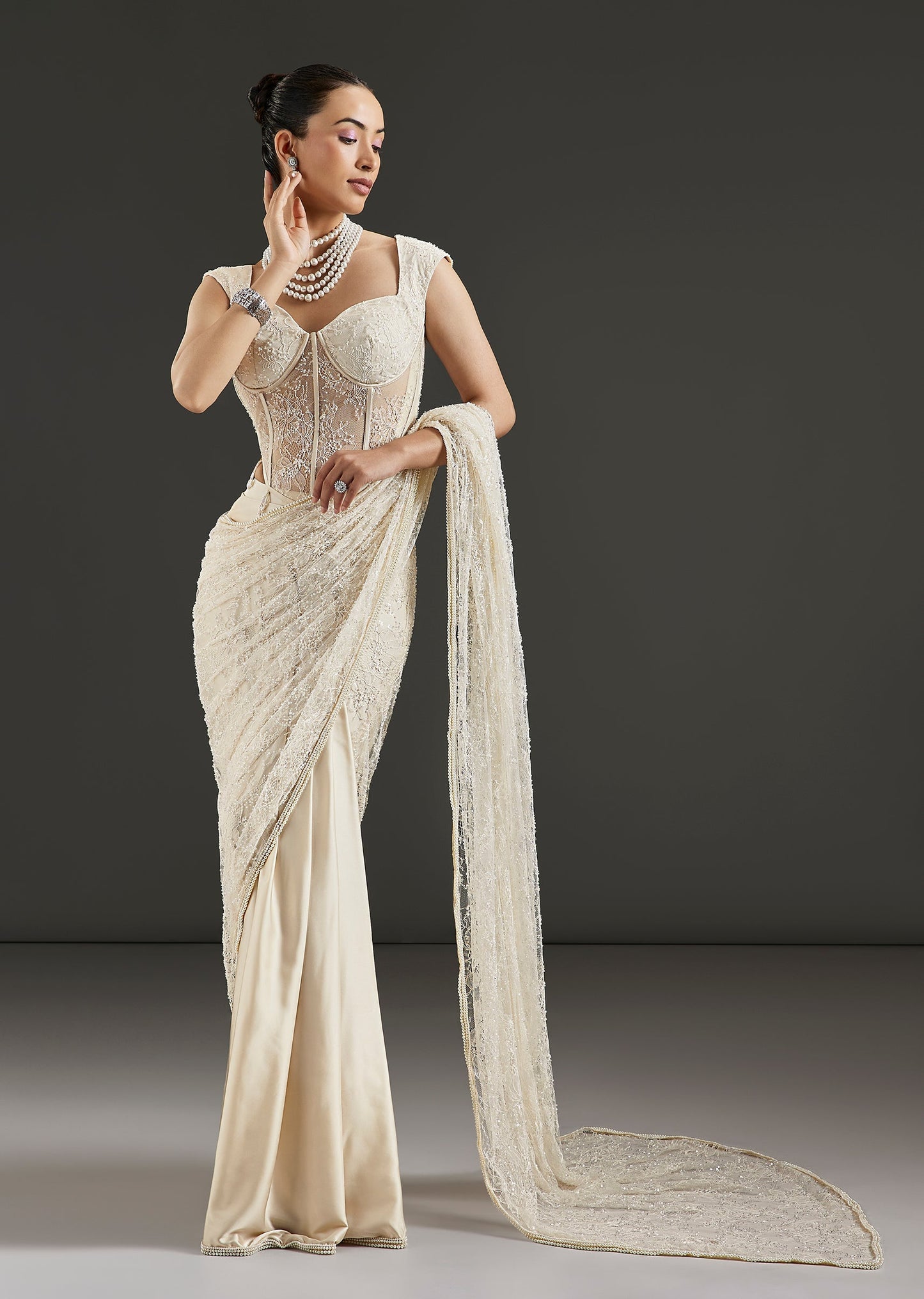 Off White Milano Ready Pleated Saree With Embellished Corset Blouse