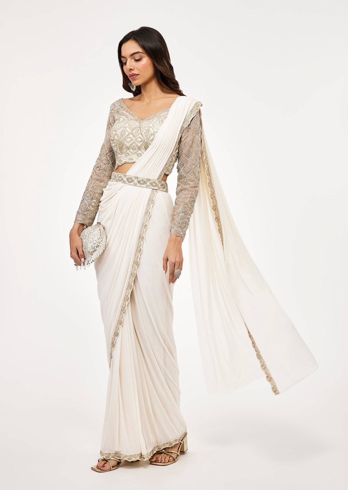 Off White Pre Draped Saree With Embellished Blouse