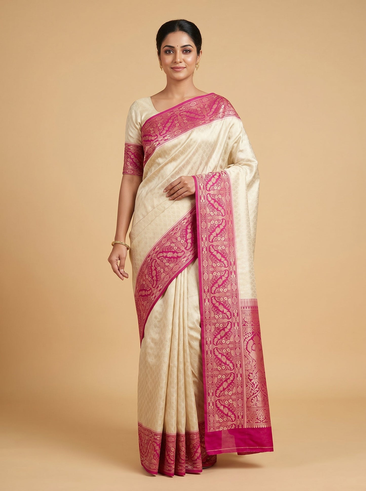 Off White Rani Handloom Saree