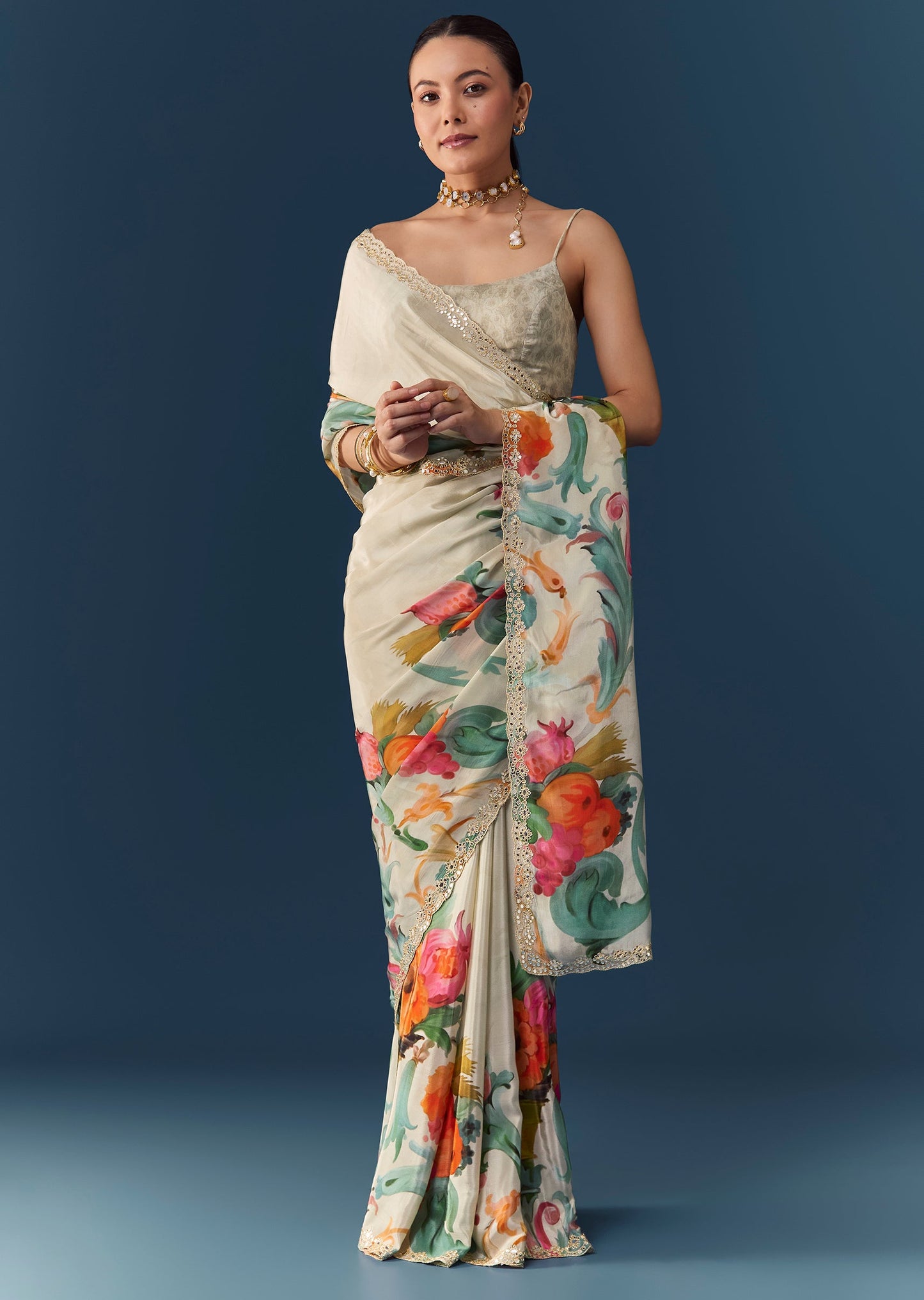 Off White Silk Printed Saree with Blouse Fabric