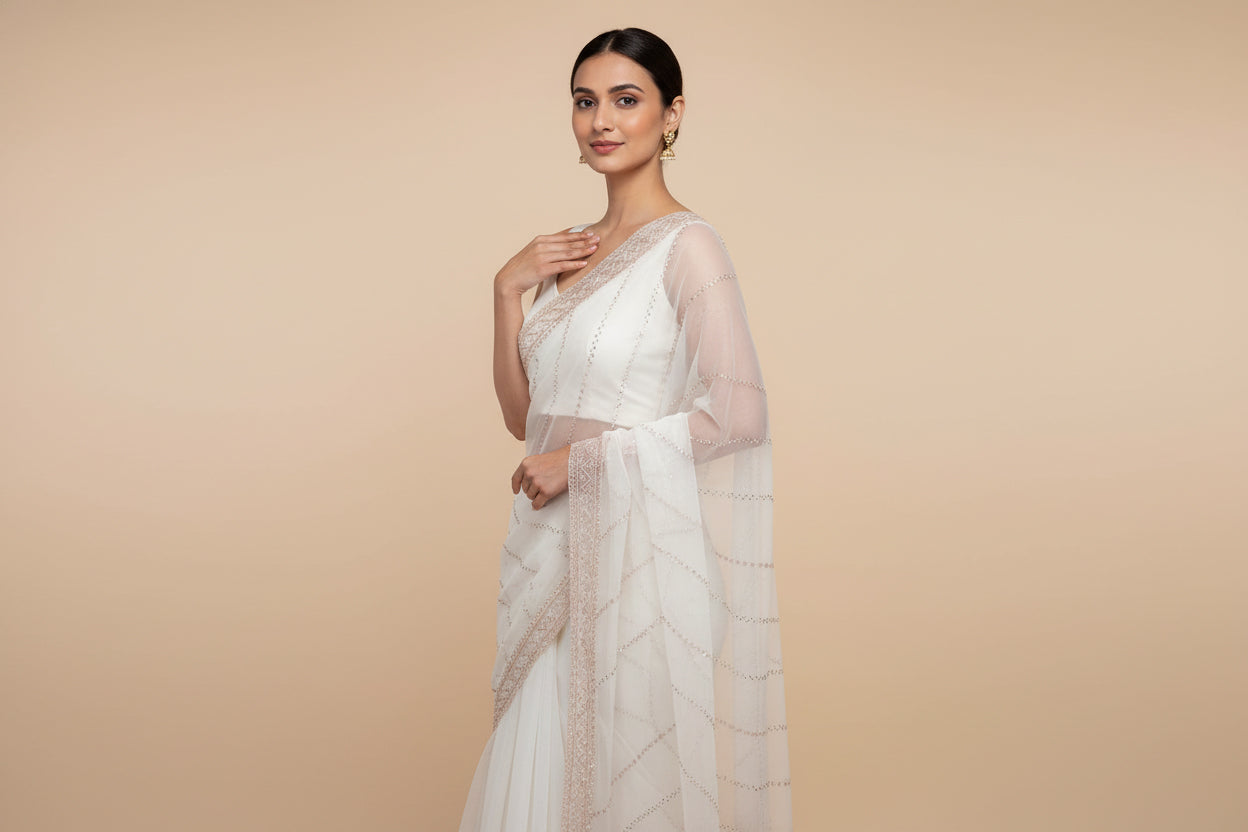 Off White Clean Embroidered Saree