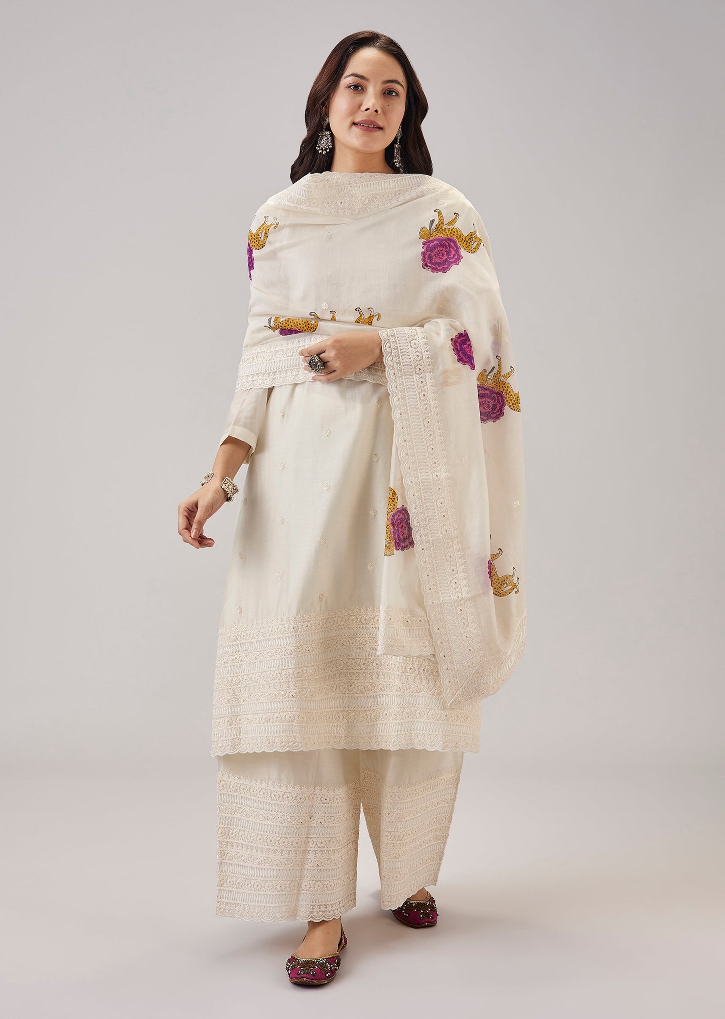 Off White Chanderi Palazo Suit With Embroidered Dupatta