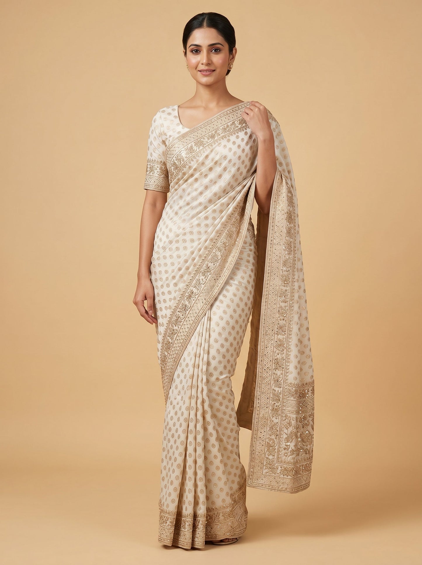 Off White Minimal Embroidered Saree