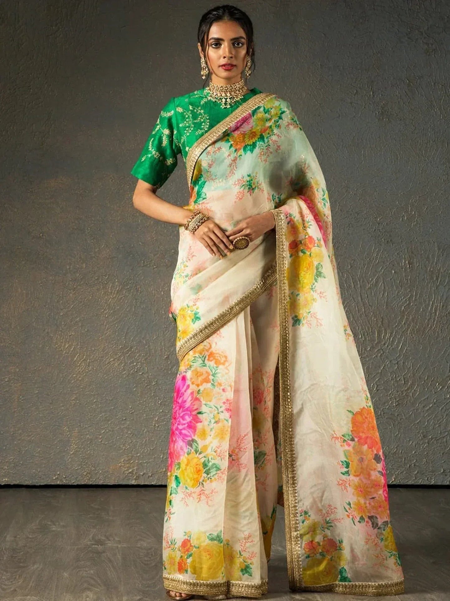 Tulsi Art Sabyasachi Off White Floral Organza Wedding Wear Saree With Blouse