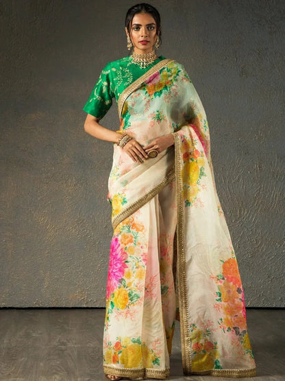 Tulsi Art Sabyasachi Off White Floral Organza Wedding Wear Saree With Blouse