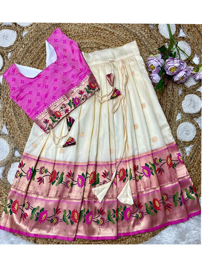 Evanik White Kids Paithani Silk Lotus Pattern Lehenga Choli