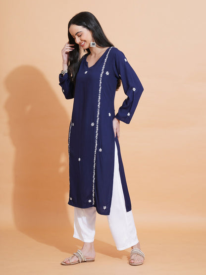 Pahnaz Luxury Rayon Chikankari Long Kurti-Blue