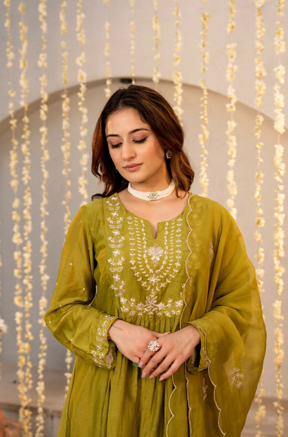 The52 Women's Beautiful Embroidery Work Chanderi Silk Fabric Flared Kurta Pant and Dupatta Set-Light Green