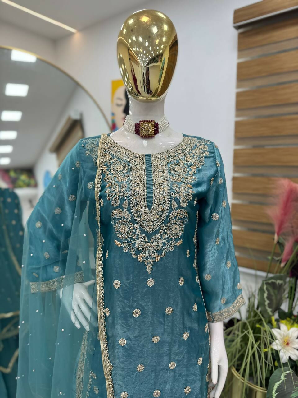 Teeya Creation New Trendy Womens Wedding Wear Kurta Palazzo Set - Teal