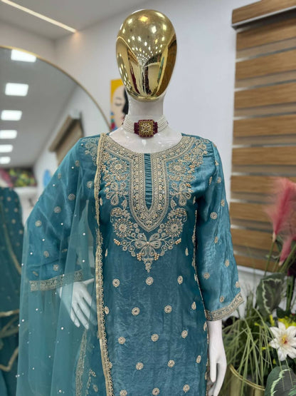 Teeya Creation New Trendy Womens Wedding Wear Kurta Palazzo Set - Teal