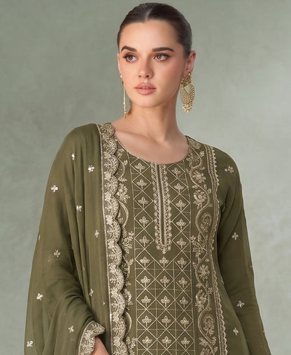 KC Mahendi Green Pakistani Straight Suit For Women Chiffon