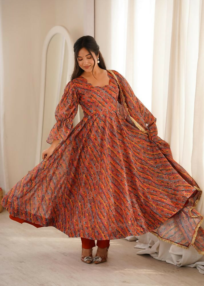 Teeya Creation Women's Multicolour Printed Ethnic Gown with Bell Sleeves and Designer Dupatta