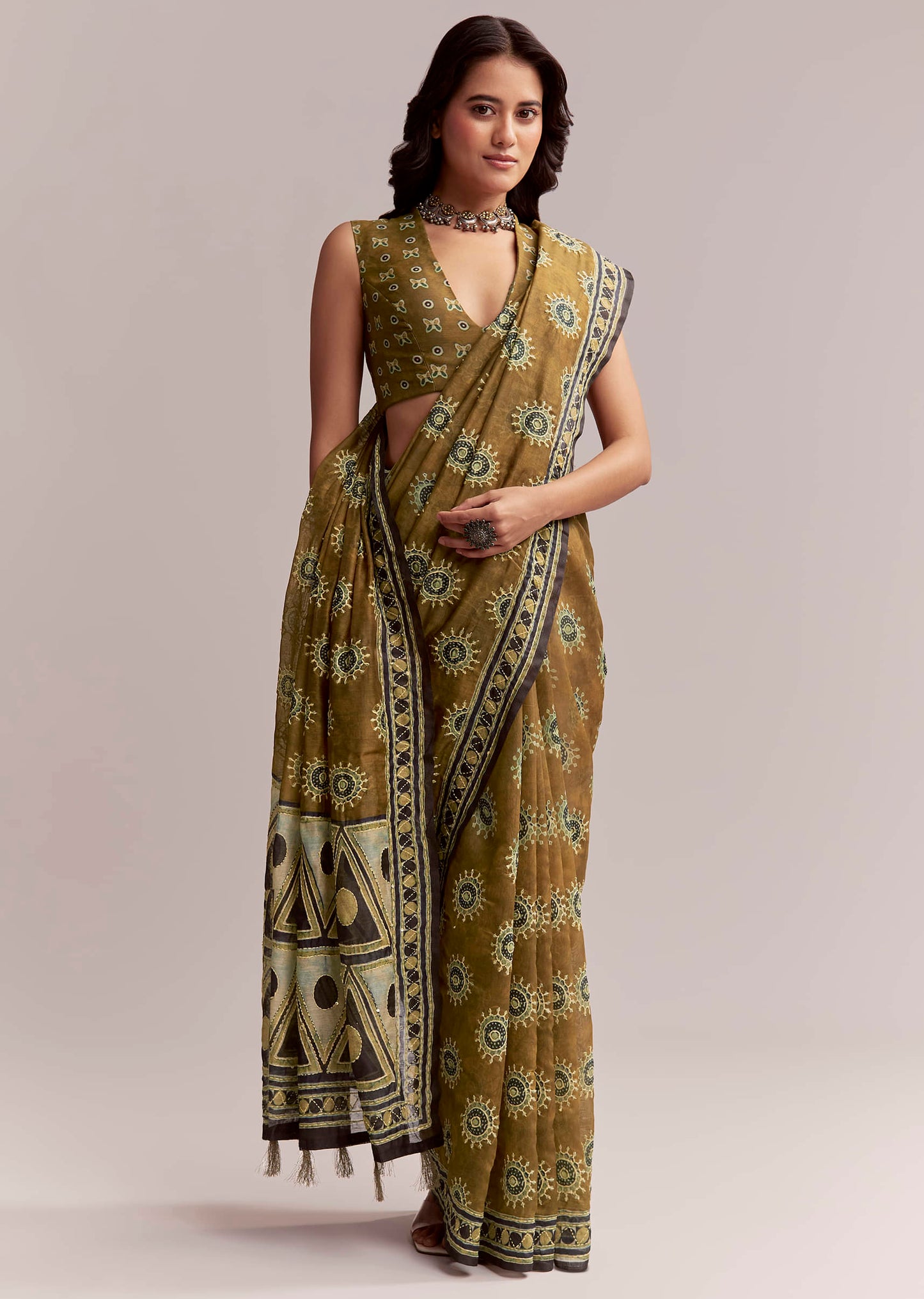 Olive Brown Linen Printed Saree With Handcrafted Ajrakh Print