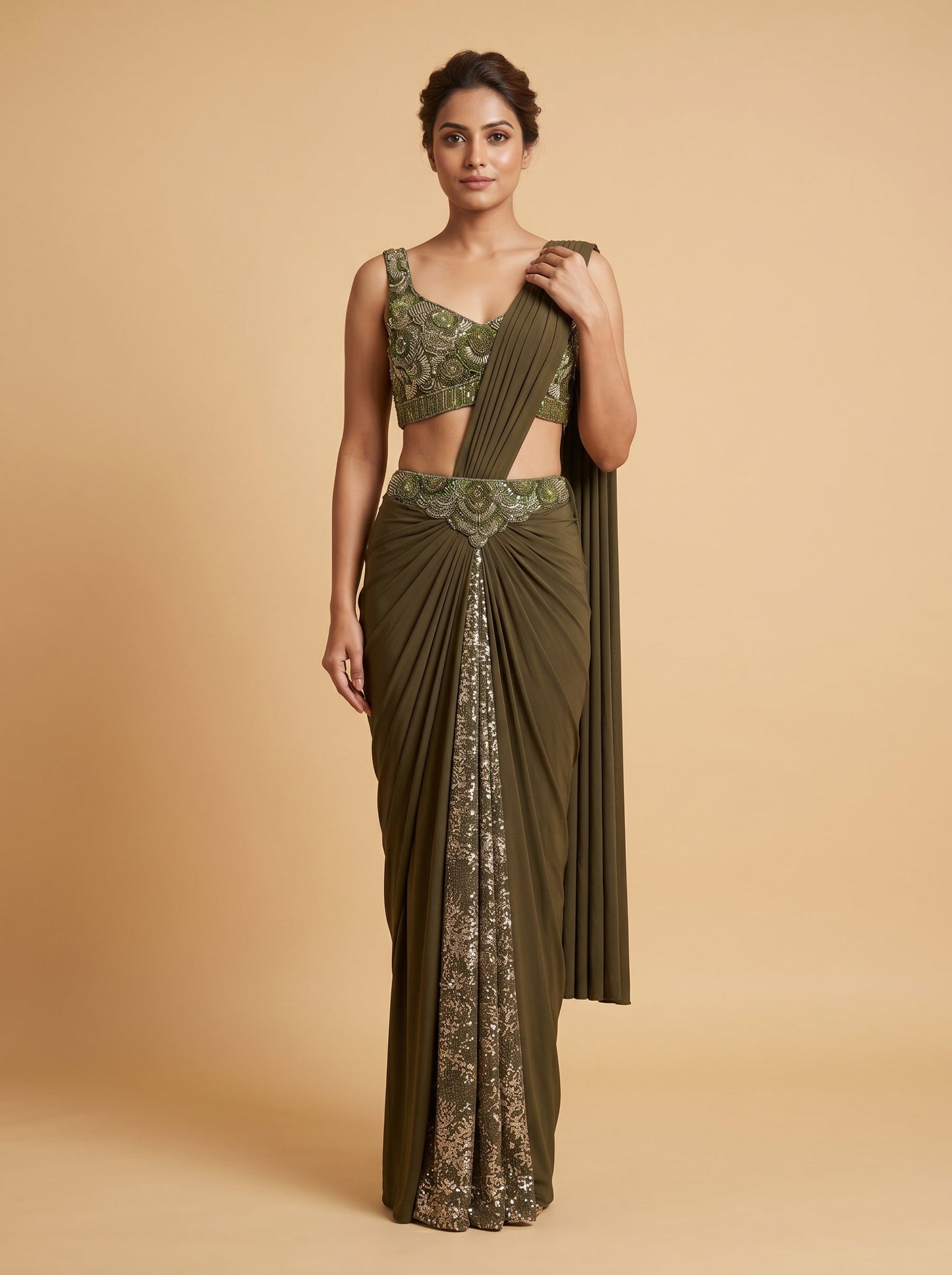 Olive Green Shimmer Georgette Indowestern Drape Saree