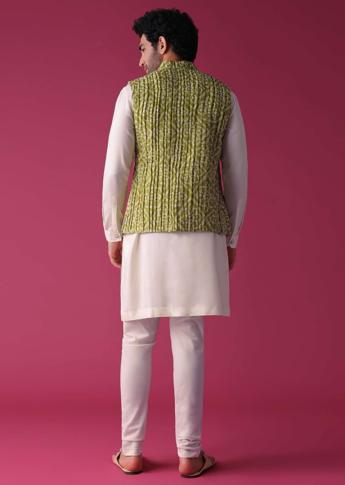 Olive Green Jacket Kurta Set In Tussar Silk With Bandhani Print