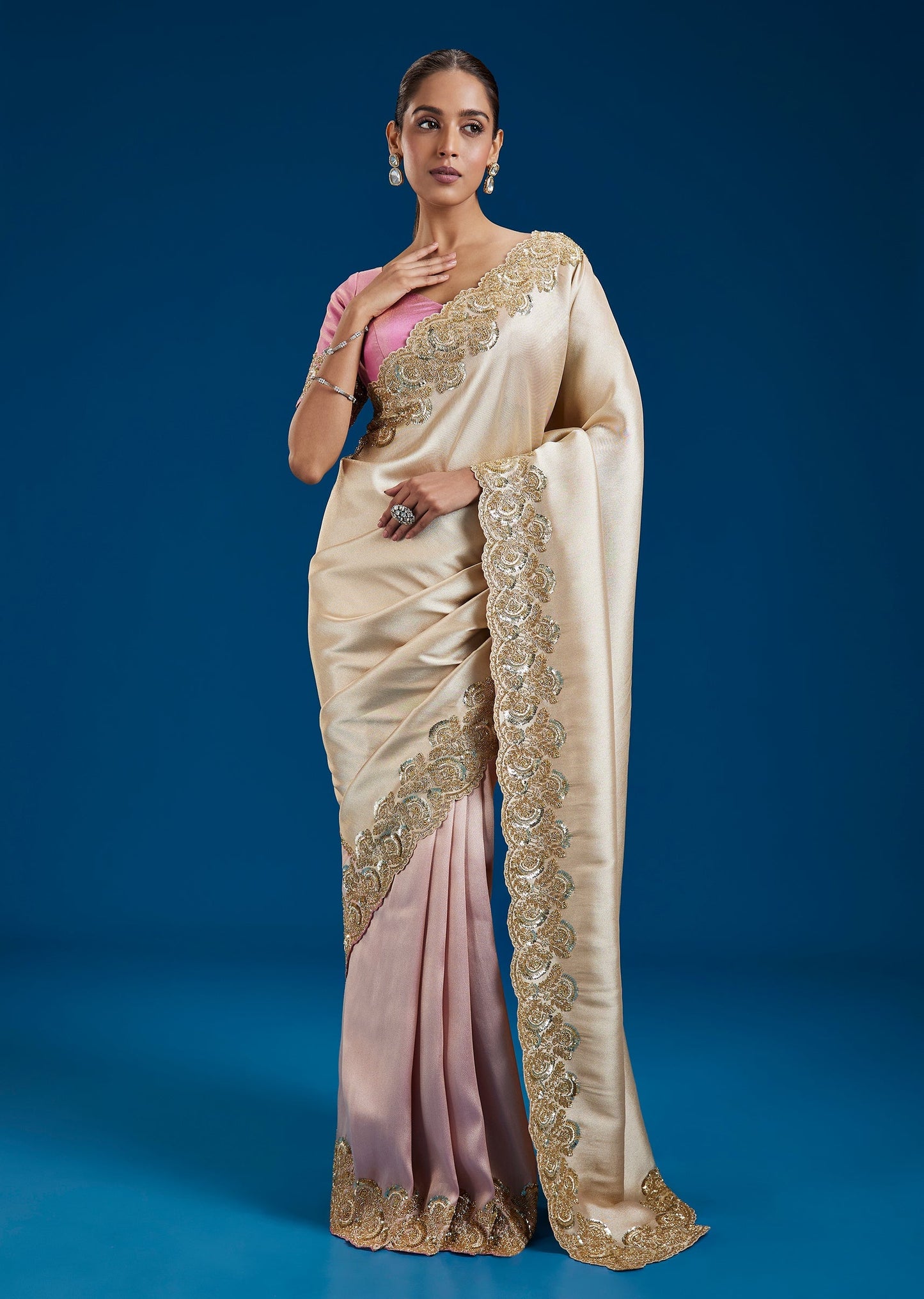 Ombre Rose Gold Tissue Saree With Sequinned Border