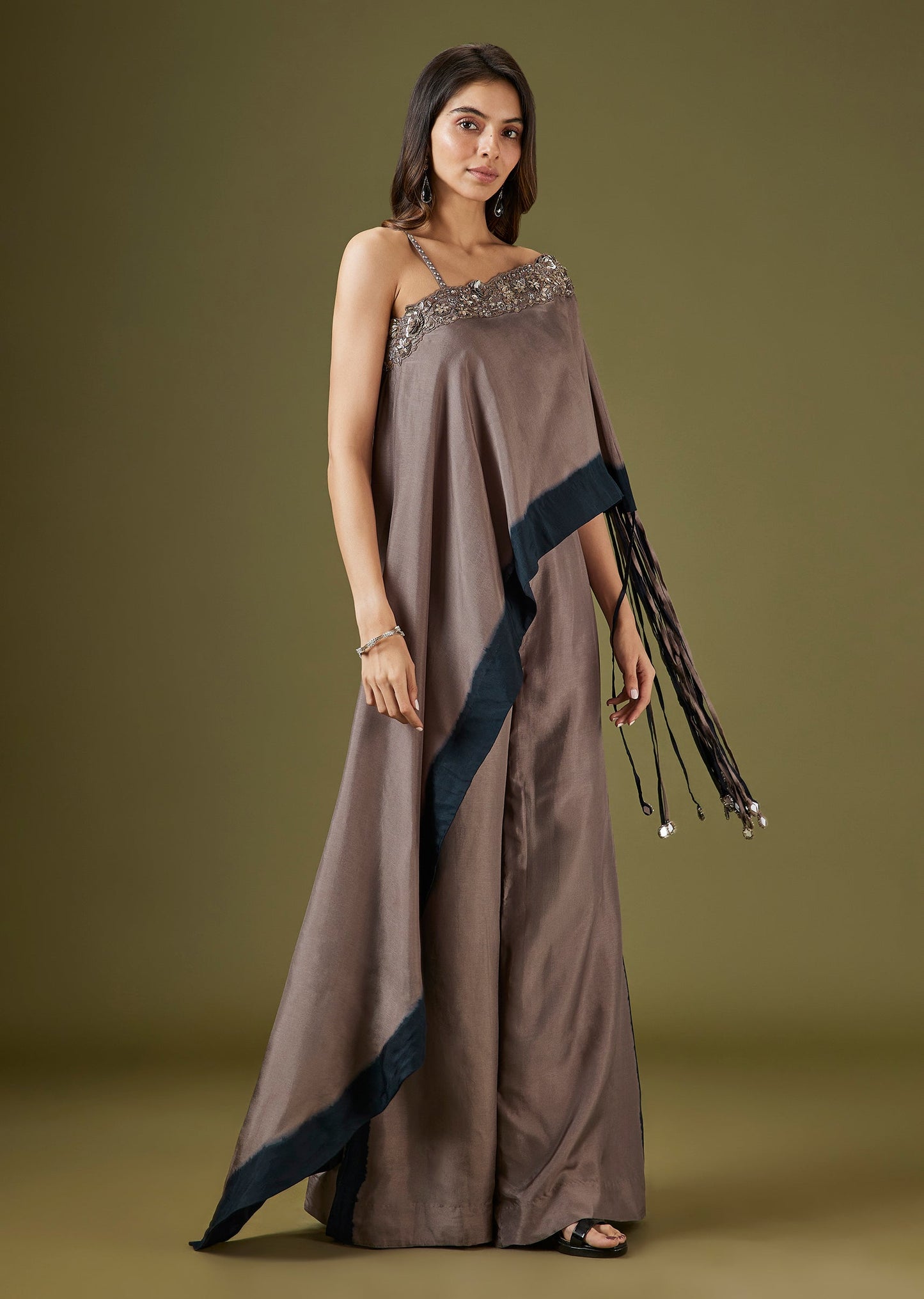 One Shoulder Embellished Crop Top Palazzo Set