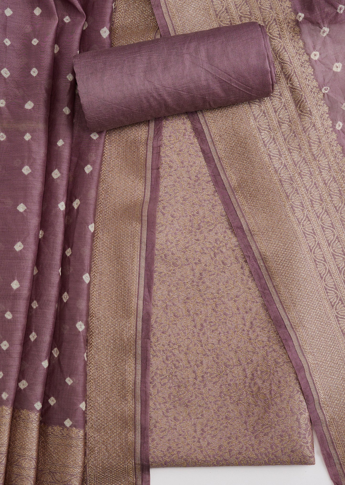 Onion Pink Banarasi Silk Unstitched Suit Set With Bandhani Dupatta